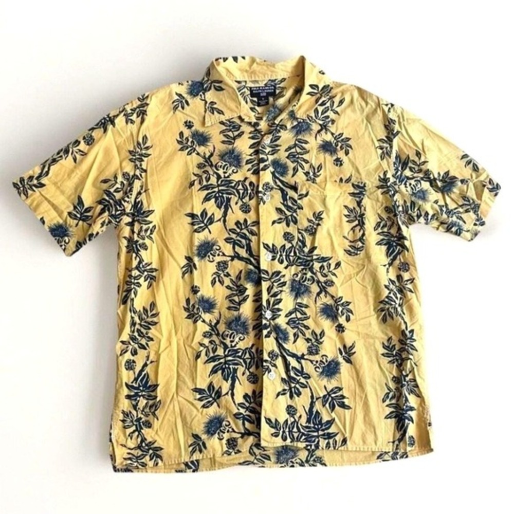 Vtg 90s Polo Ralph Lauren Hawaiian Short Sleeve Button Shirt Men S Yellow Floral